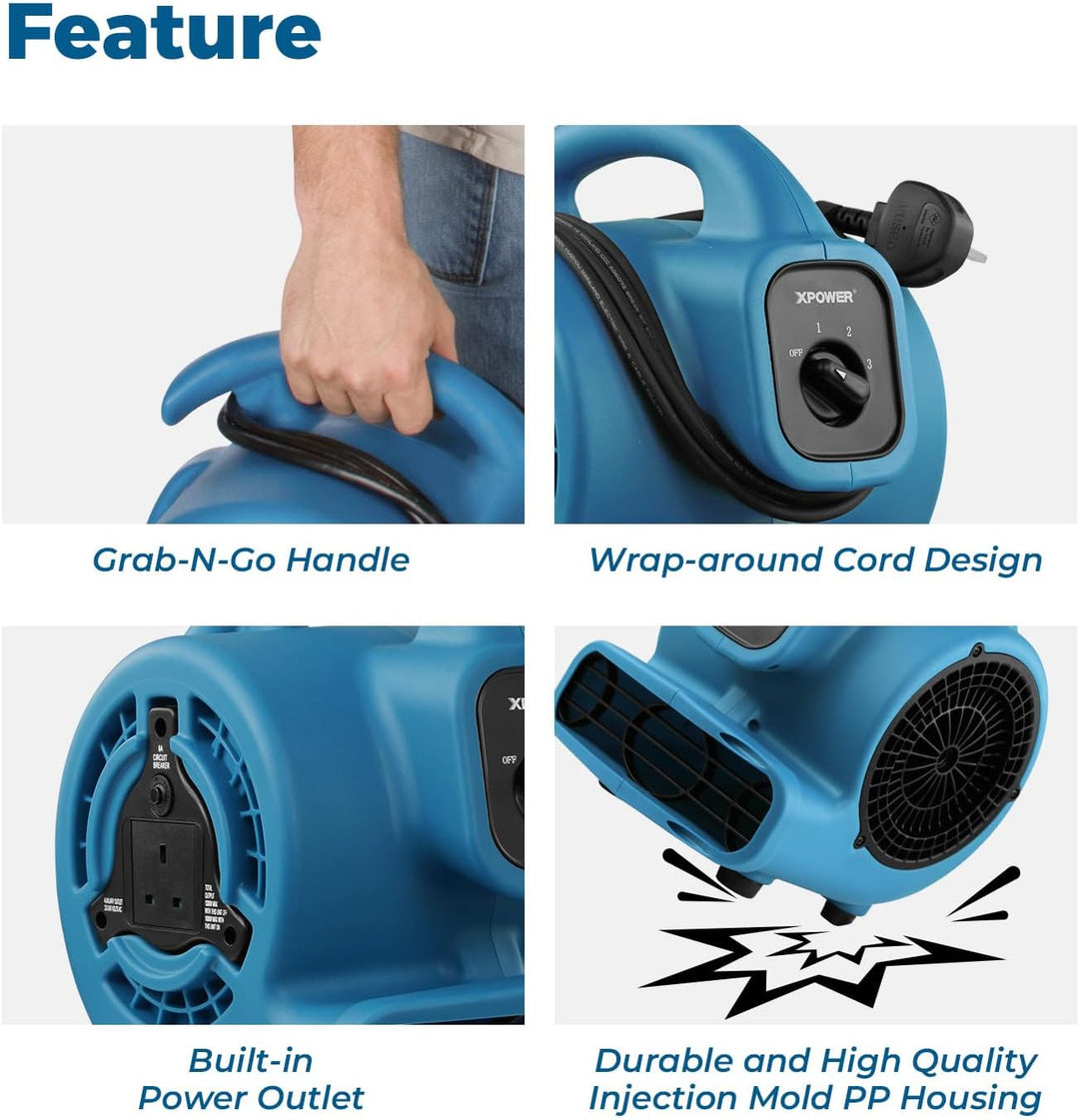 XPower P-80A Mighty Centrifugal Air Mover, Carpet Dryer, Floor Fan, Blower, Stackable, Daisy Chain,