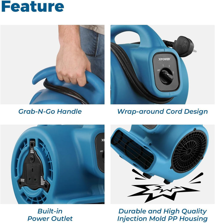 XPower P-80A Mighty Centrifugal Air Mover, Carpet Dryer, Floor Fan, Blower, Stackable, Daisy Chain,