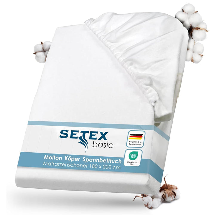 SETEX Molton Köper Matratzenschutz, 180 x 200 cm, Matratzenschoner aus 100 % Baumwolle, Basic, Weiss