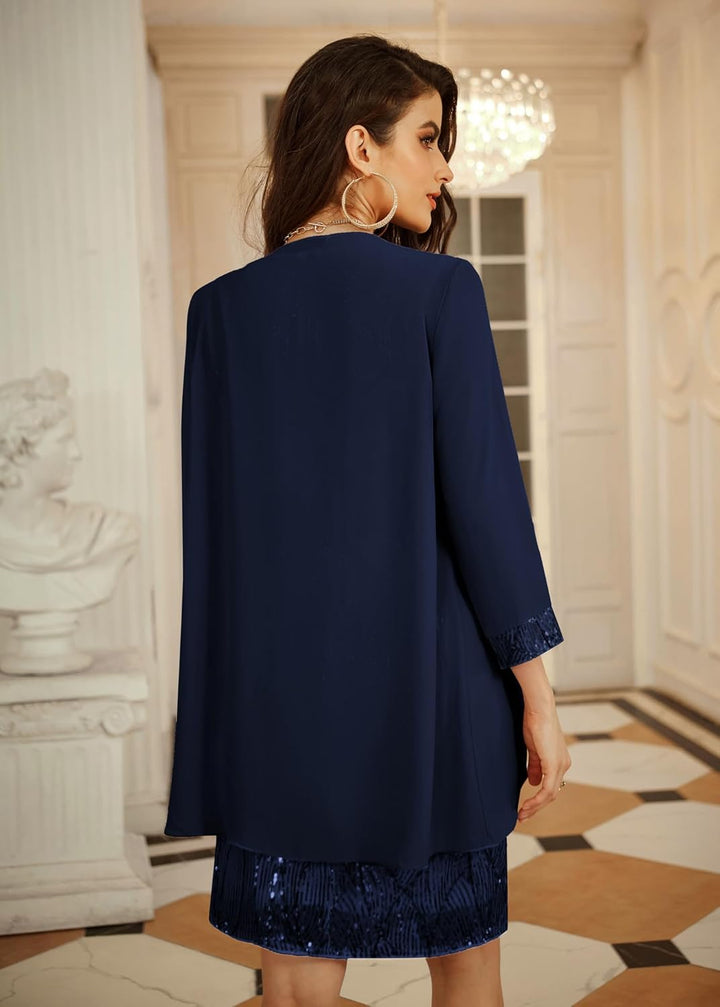 GRACE KARIN Damen Ärmelloses Rundhals Pailletten Cami Kleid Elegant Zweiteiler Tüll Cardigan Abendkl