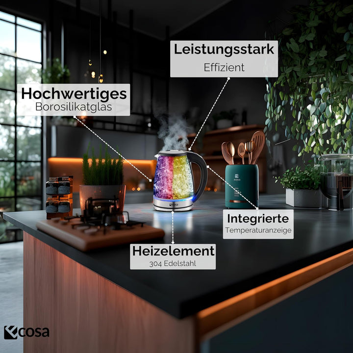 Ecosa® Wasserkocher mit temperatureinstellung Glas Edelstahl - 1,8 Liter 2.200 Watt - BPA Frei mit T