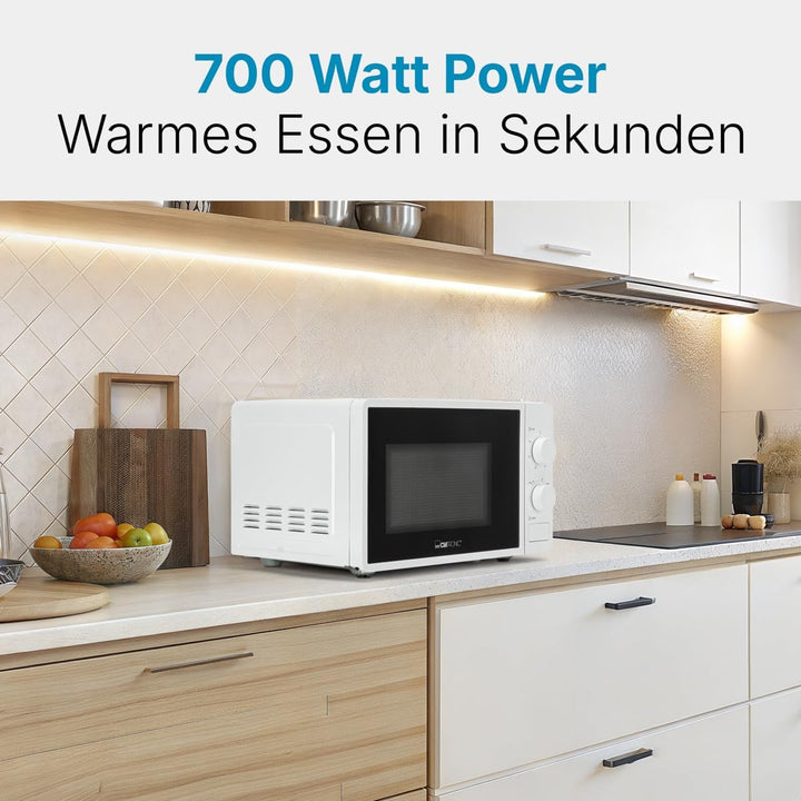 Clatronic® Mikrowelle | 700 Watt | 6 Stufen | 20 Liter Garraum | 360° Drehteller | Timer mit Endsign