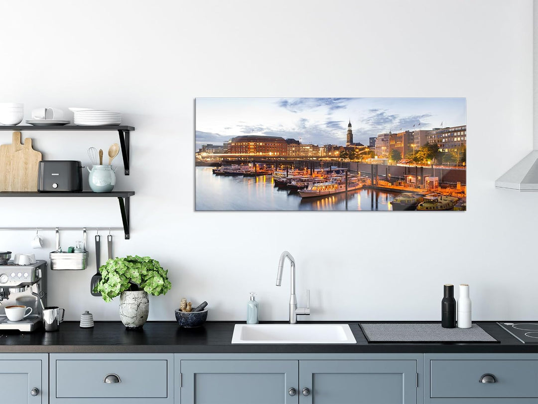 Pixxprint Glasbild Panorama, Wandbild aus Echtglas, Hamburger Hafen am Abend, 100x40 cm, inkl. Aufhä