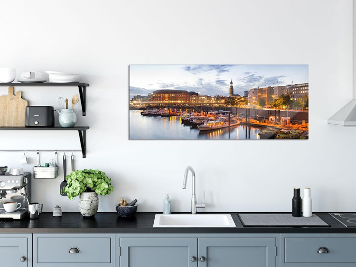 Pixxprint Glasbild Panorama, Wandbild aus Echtglas, Hamburger Hafen am Abend, 100x40 cm, inkl. Aufhä