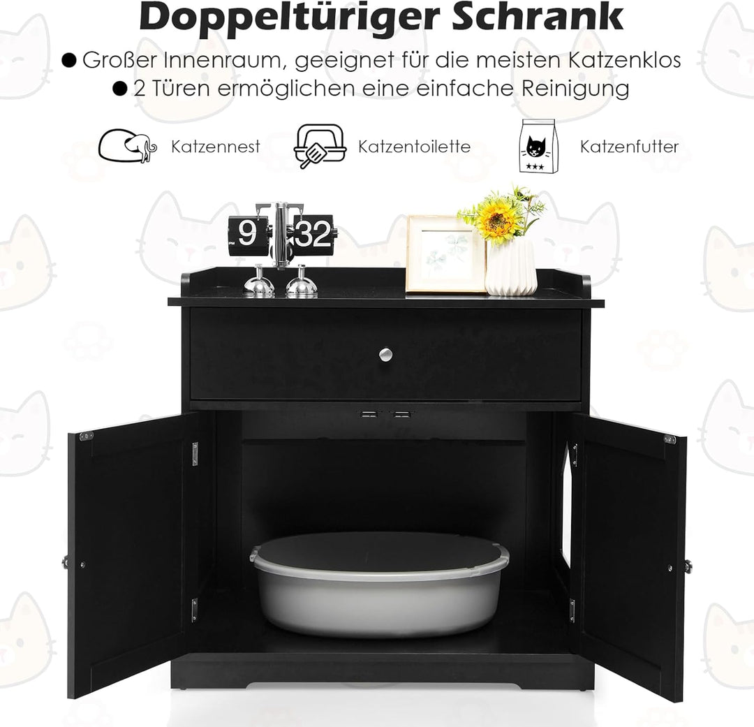 GOPLUS 3 in 1 Katzenschrank, Katzenklo mit Schubladen, Doppeltüren und Katzenlöchern, versteckte Kat
