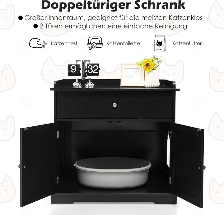 GOPLUS 3 in 1 Katzenschrank, Katzenklo mit Schubladen, Doppeltüren und Katzenlöchern, versteckte Kat