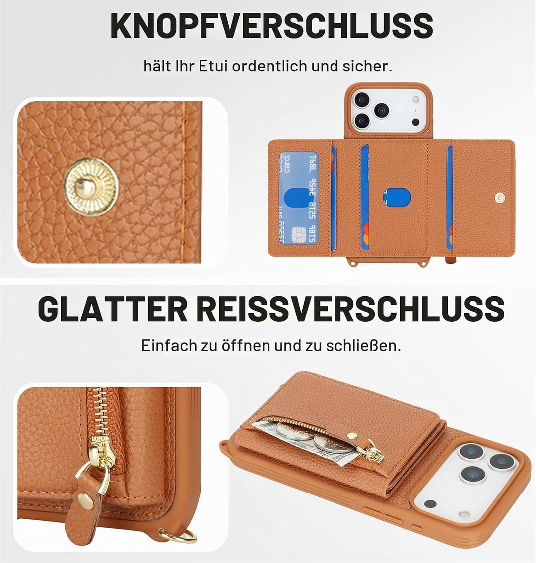 ELTEKER Handyhülle für iPhone 17 Pro Hülle mit Band, Kartenfach Reissverschluss Geldbörse, Handy-Umh