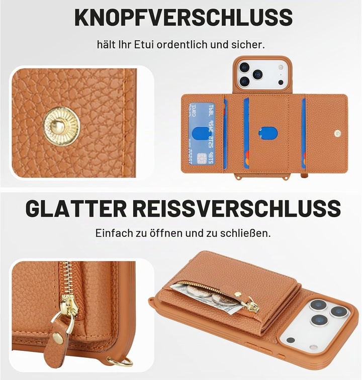 ELTEKER Handyhülle für iPhone 17 Pro Hülle mit Band, Kartenfach Reissverschluss Geldbörse, Handy-Umh