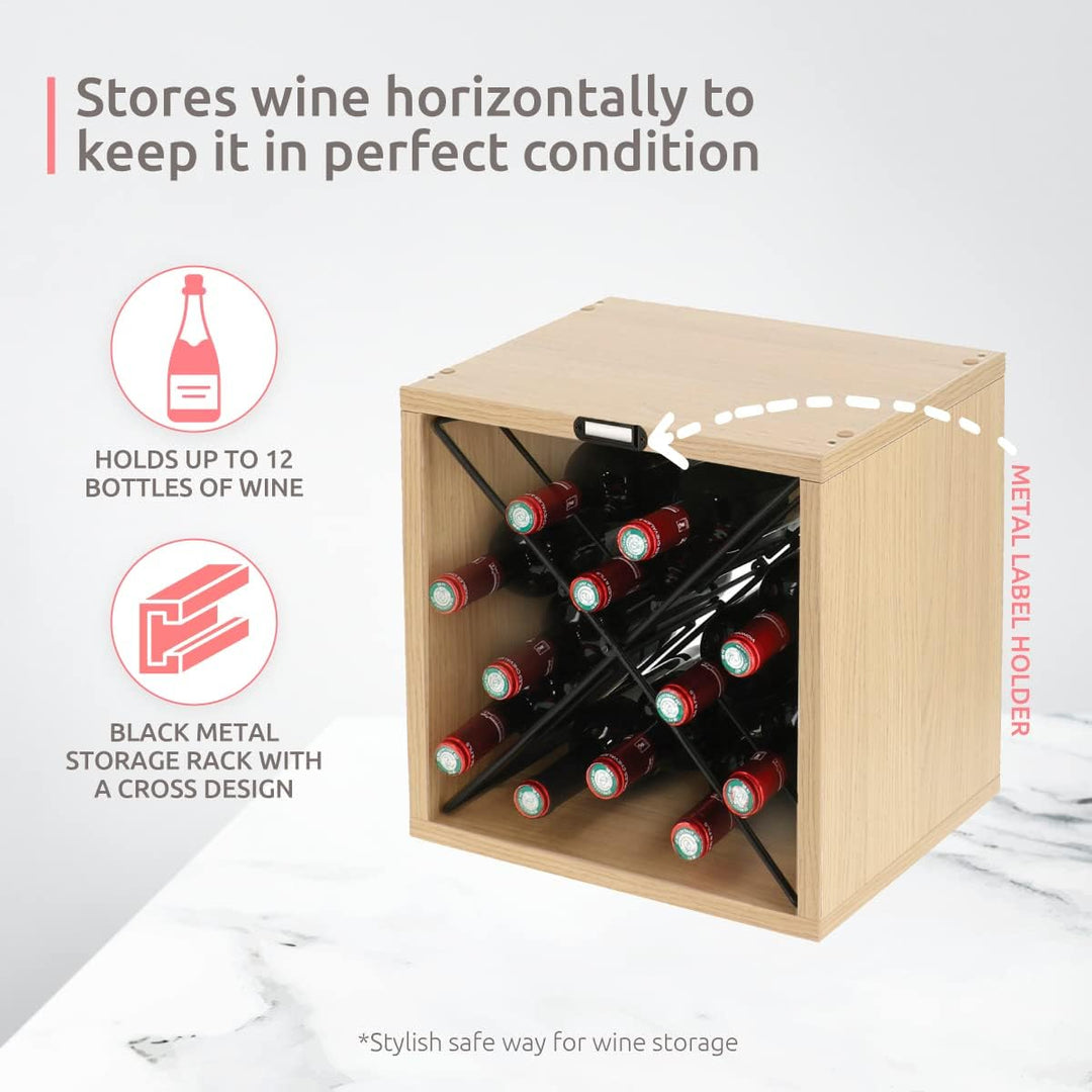Compactor – Stapelbares Flaschenregal für 12 Flaschen – Weinregal aus Naturholz mit Metallkreuzen –