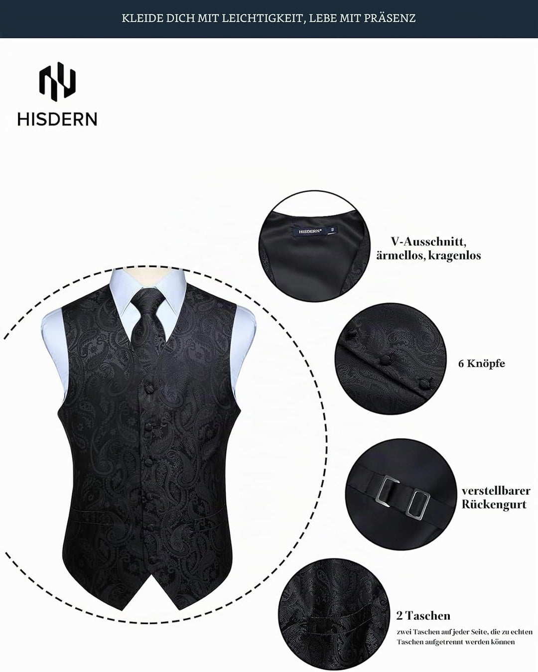 HISDERN Herren FLoral Hochzeit Weste Krawatte Einstecktuch Taschentuch Jacquard Weste Anzug Set 4XL
