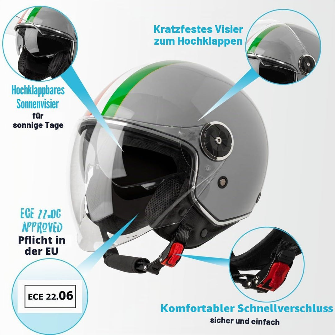 VINZ Neiva Jethelm mit Doppelvisier | Roller Helm mit Italienische Flagge &amp; mit Sonnenblende | In Gr