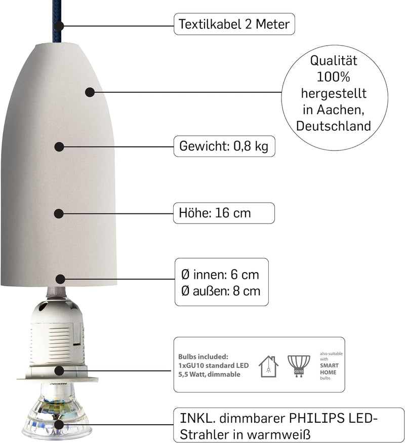 Buchenbusch urban design Esstisch Beleuchtung 3 flammig Küche (33 Kabelfarben) LED dimmbar Beton gra