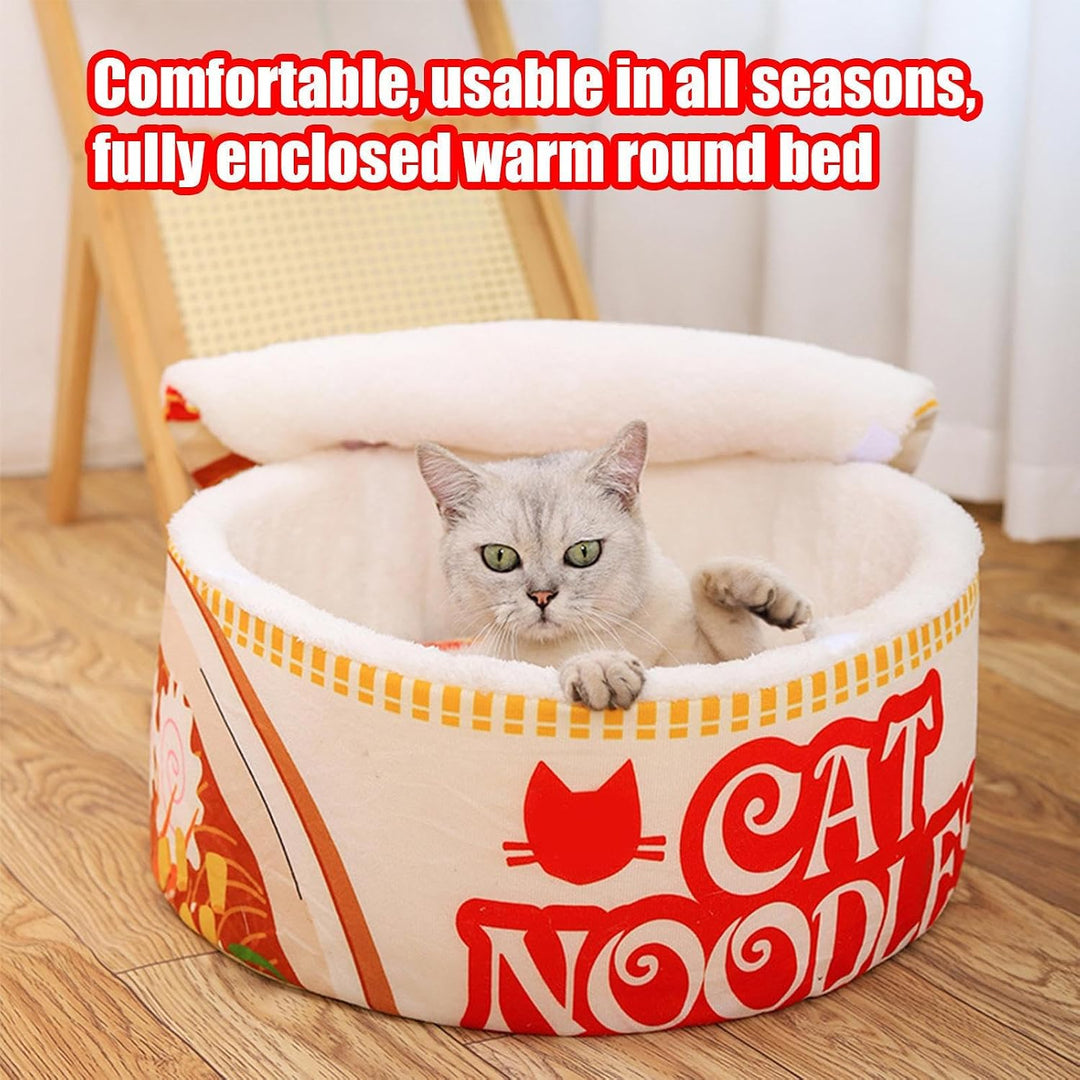 Ramen Cute Cat Bed Nest, Soft Noodle Bowl Design, Plush Covered Pet Sofa, Cozy Creative Kennel House