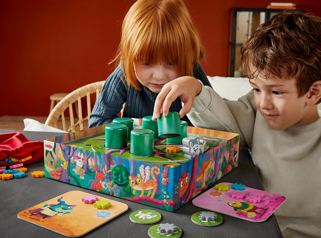 HABA Kinderspiel Sternschnuppern – Sammelspiel mit Drehmechanismus, 48 Bunte Holzsterne, 2 Spielvari