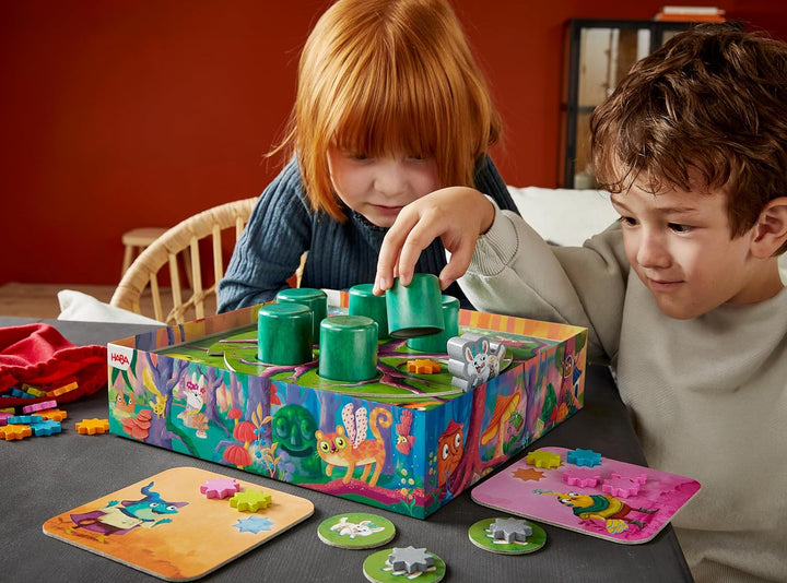 HABA Kinderspiel Sternschnuppern – Sammelspiel mit Drehmechanismus, 48 Bunte Holzsterne, 2 Spielvari