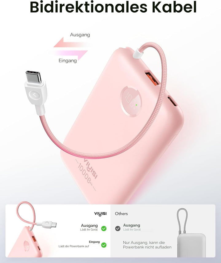 VIYISI Powerbank 10000mAh Ultradünn, 22.5W PD 20W Fast Charge mit Integriertem USB-C Kabel, LED-Anze