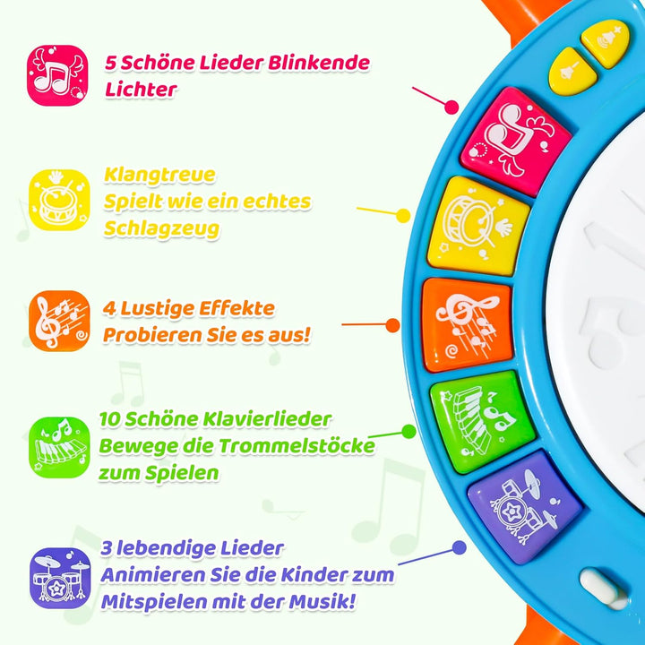 Schlagzeug Kinder Spielzeug - Musikinstrumente für Kinder ab 1 Jahr Mit Kinderreimen &amp; Lichtfunktion