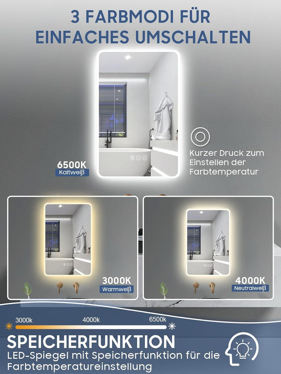Badspiegel mit Beleuchtung,40x60cm LED Badezimmerspiegel Mit Licht und Bluetooth, Entfoggen, 3 Farbt