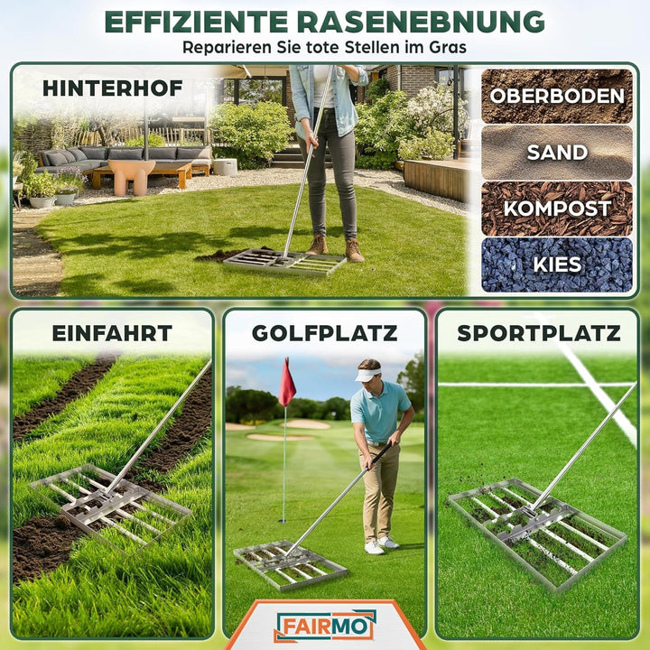 Der handliche Rasen Rakel Edelstahl (75x35 cm) von Fairmo [für sattgrünen Rasen] - Rakel für Rasen i