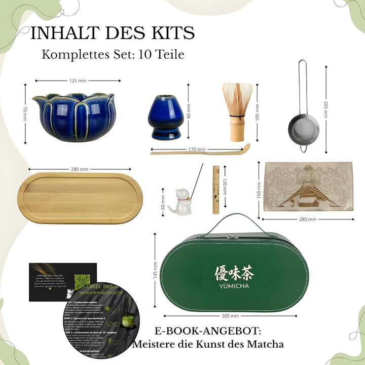 Matcha Set Komplett 10-teilig – Matcha Tee Set mit Schale, Bambusbesen (Chasen), Löffel, Halter & Au
