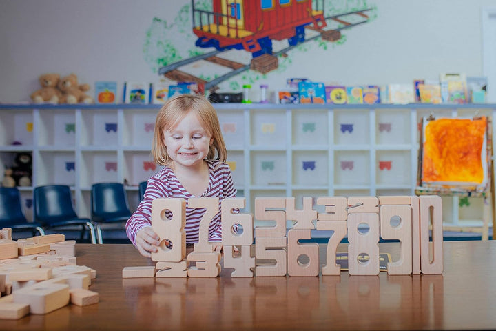 SumBlox All-New Basic Set of 76 Math Building Blocks - STEM Solid Wood Educational Number Blocks, In