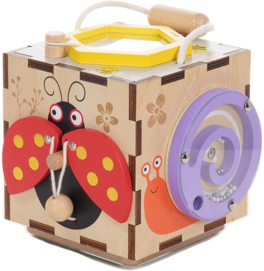 EverEarth 6 in 1 Mini Garten Abenteuer Motorikwürfel aus Holz mit zahlreichen Aktivitäten - Busy Cub
