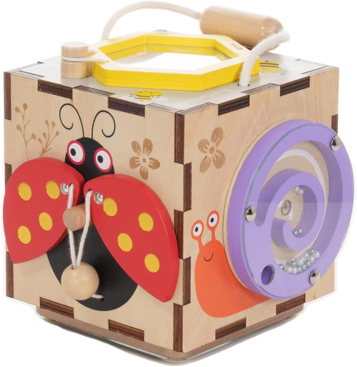 EverEarth 6 in 1 Mini Garten Abenteuer Motorikwürfel aus Holz mit zahlreichen Aktivitäten - Busy Cub