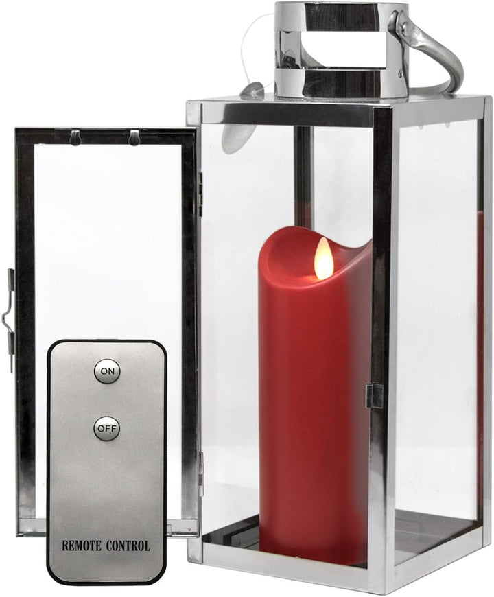 Dekovita Edelstahl-Laterne - 30cm Gartenlaterne mit 18cm Outdoor LED Kerze in Rot mit Timer Fernbedi