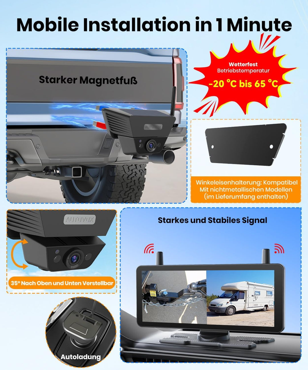 AUTO-VOX 2 Magnetische Solar Rückfahrkamera Kabellose Mit DVR 7.2" AHD 1080P Display: 1 Min Installa