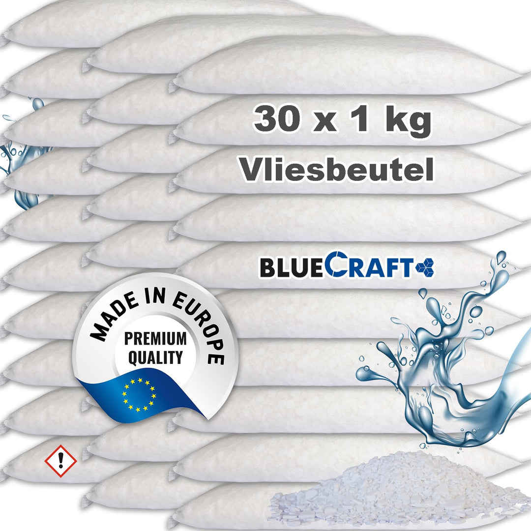 Bluecraft 30x 1kg Luftentfeuchter Granulat im Vliesbeutel, Entfeuchter Nachfüllpack für Raumentfeuch