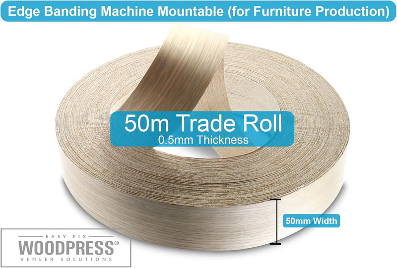 WordPress® 50 mm Eiche Echtholz Kantenumleimer mit Schmelzkleber – 50m Rolle – Einfache Anwendung zu