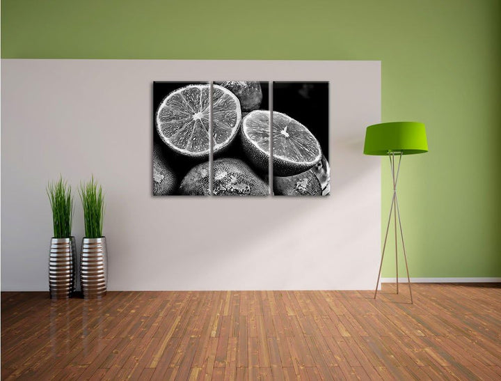 Pixxprint Monocrome, aufgeschnittene Limetten 3-Teiler Leinwandbild 120x80 Bild auf Leinwand