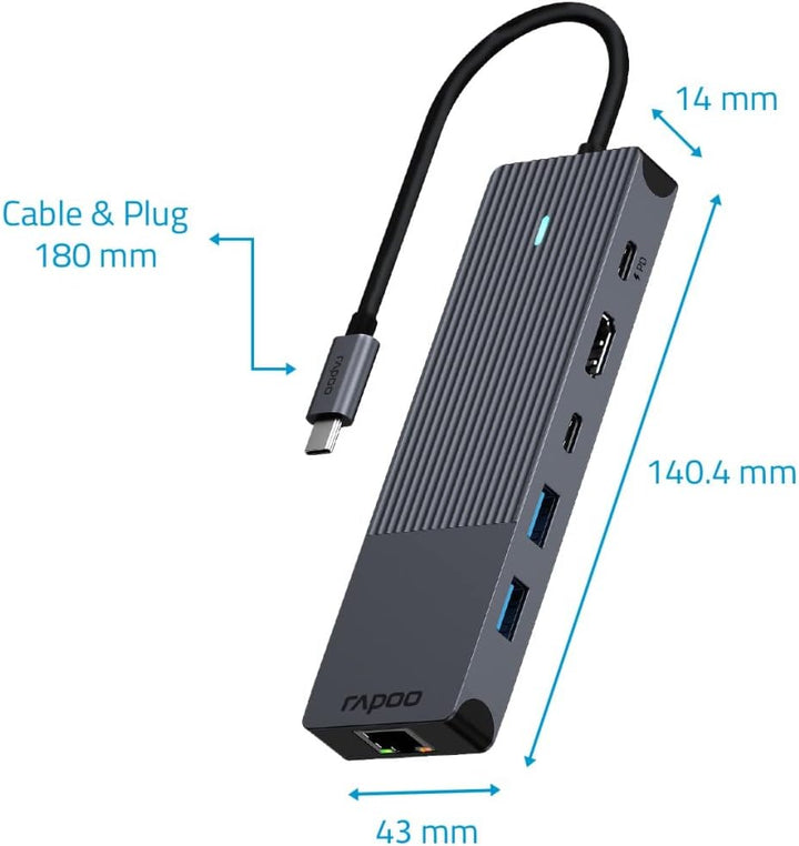 Rapoo UCM-2002 USB-C Multiport Adapter 6-in-1, 100Watt Power Delievery, 4K HDMI, 1 Gbps LAN, 1 USB-C