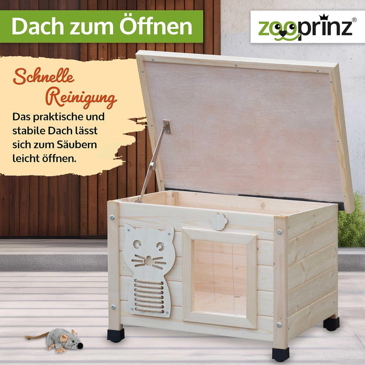 zooprinz Premium Holz Katzenhaus – Katzenkiste mit Dach zum Öffnen, Fenster und Schwingtür – Sisalba