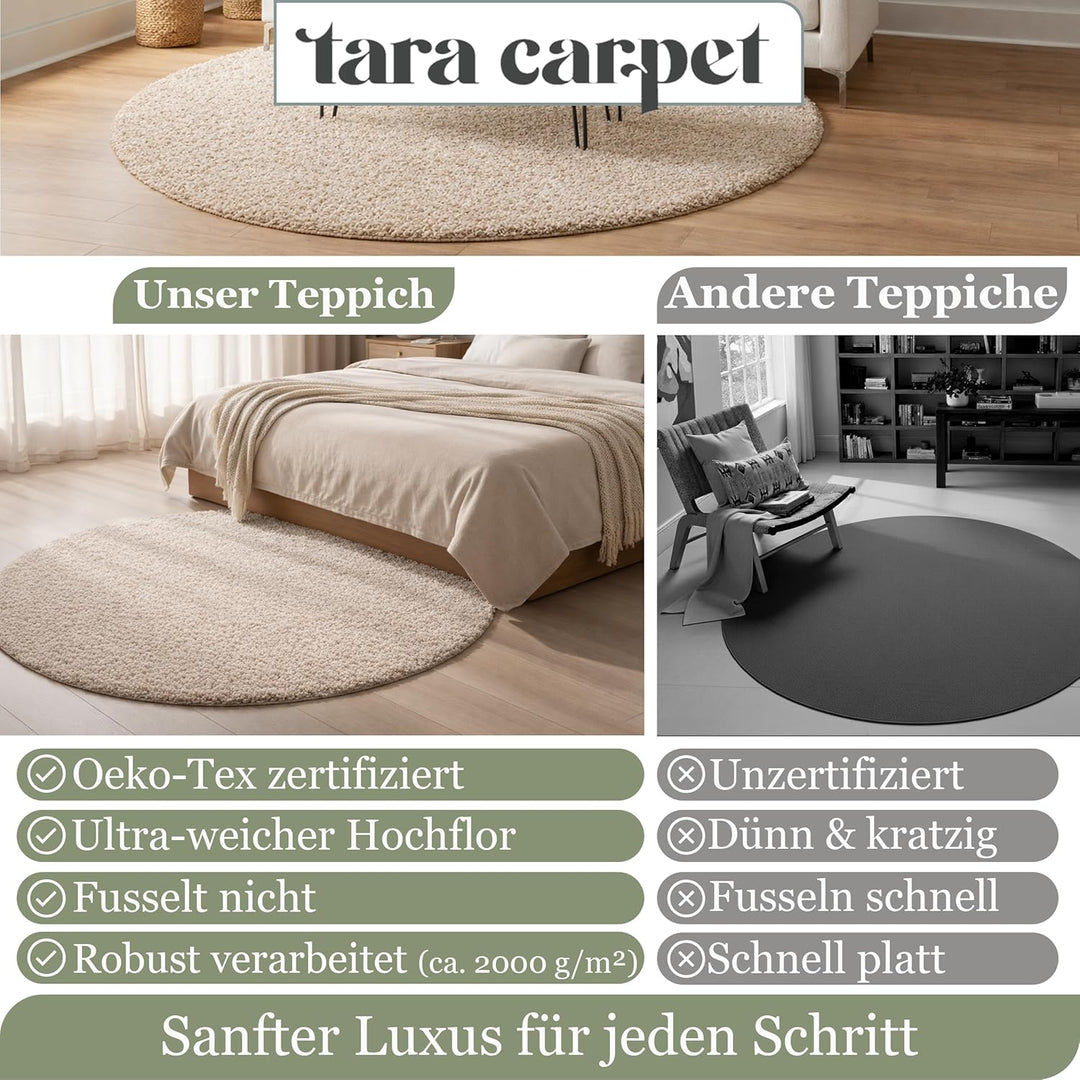 Taracarpet Shaggy Teppich Wohnzimmer Venezia Hochflor Langflor Teppiche modern Beige 120 cm rund 120