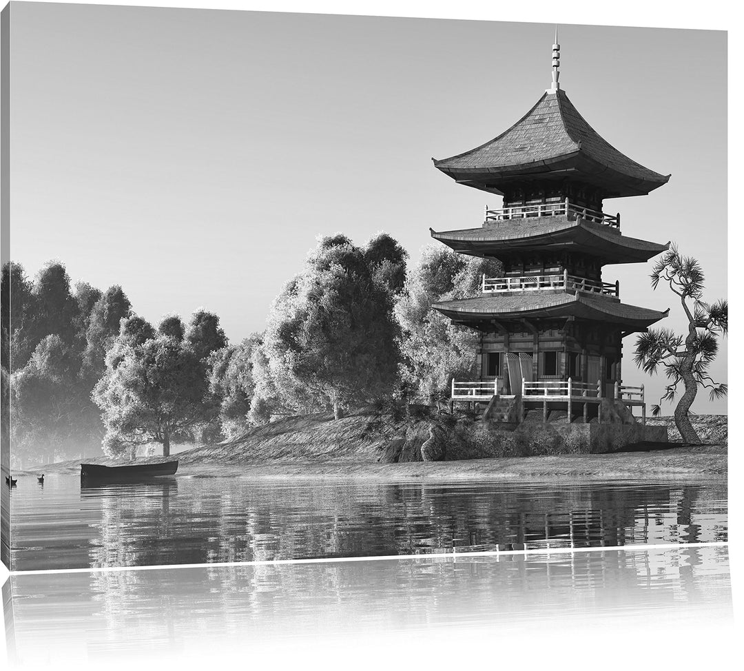 Pixxprint asiatischer Tempel an See als Leinwandbild/Grösse: 100x70 / Wandbild/Kunstdruck/fertig bes