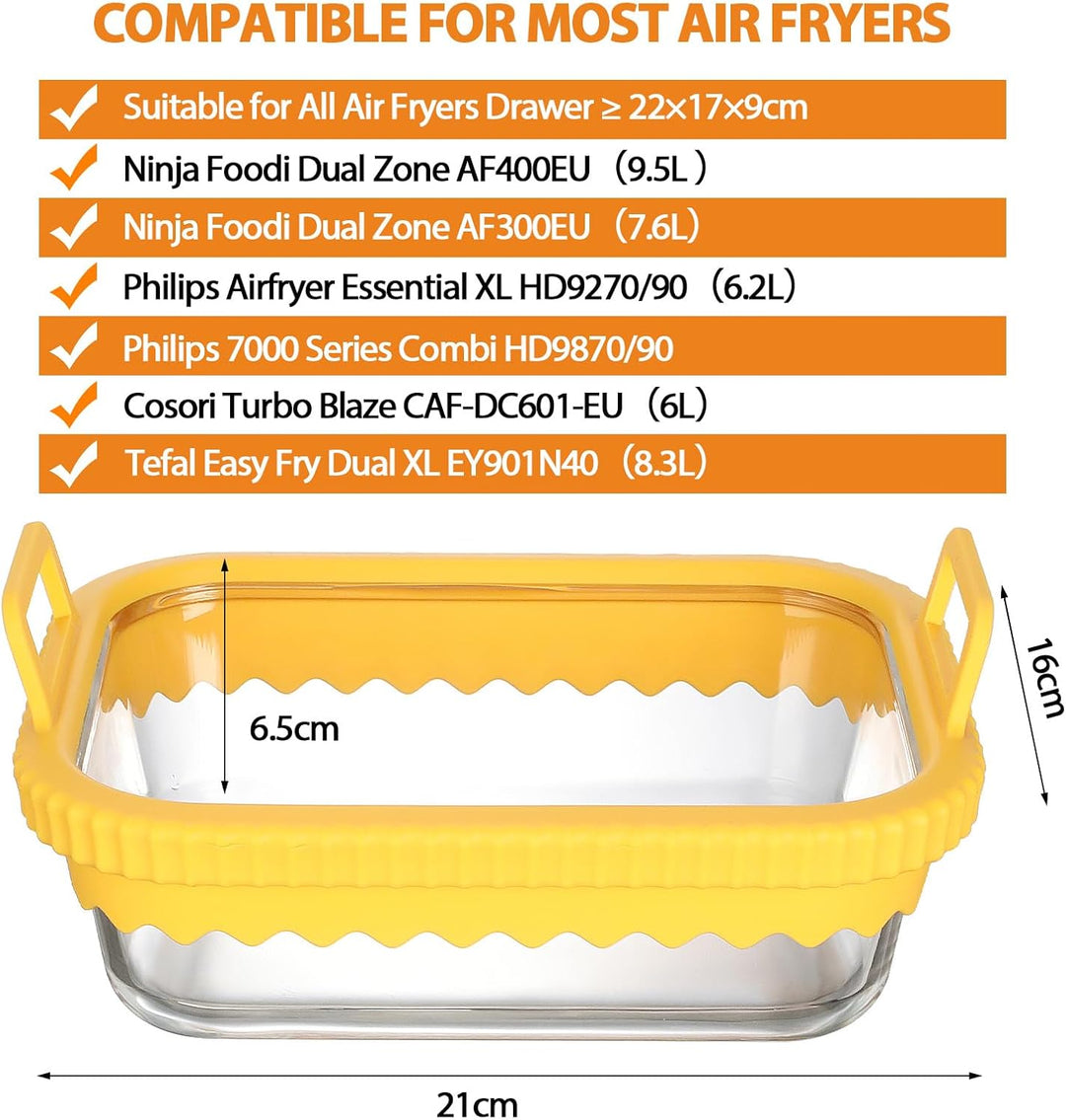 Cozary Glas Auflaufform für Airfryer mit Silikongriff &amp; Deckel, 21x16x6,5cm für Heissluftfritteuse M