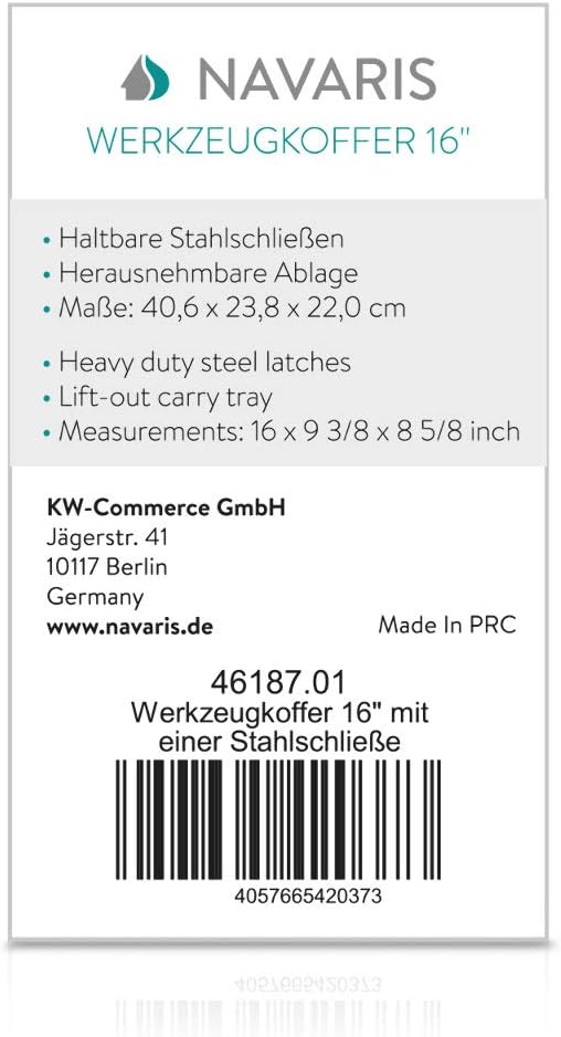 Navaris Werkzeugkasten 16" Box leer - 40,6 x 23,8 x 22cm - 19 Liter Volumen - mit einer Stahlschlies