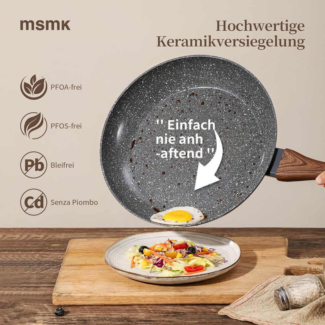 MSMK 28 cm Antihaft-Keramik-Bratpfanne mit Deckel & rotem Schlitzwender, Für Gasherd Induktion, Holz