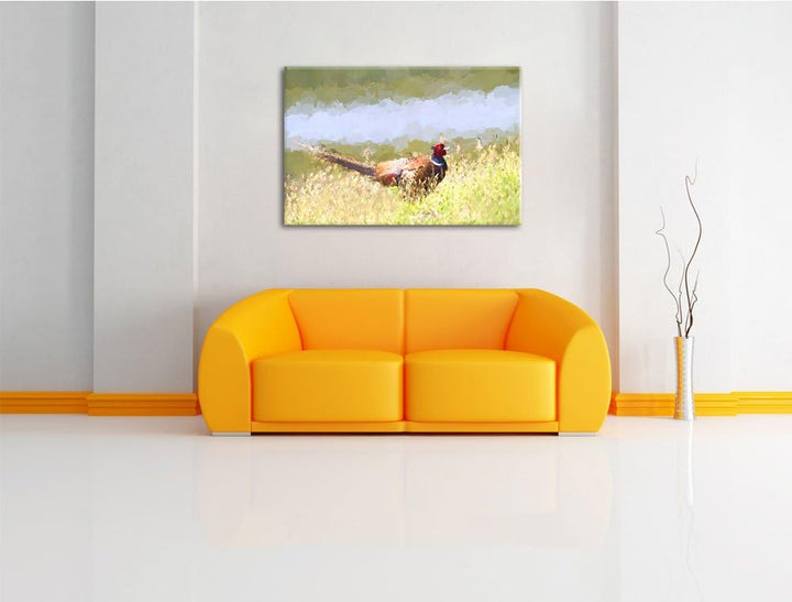 farbenprächtiger Fasan auf Frühlingswiese NewArt Format: 100x70 cm auf Leinwand, XXL riesige Bilder