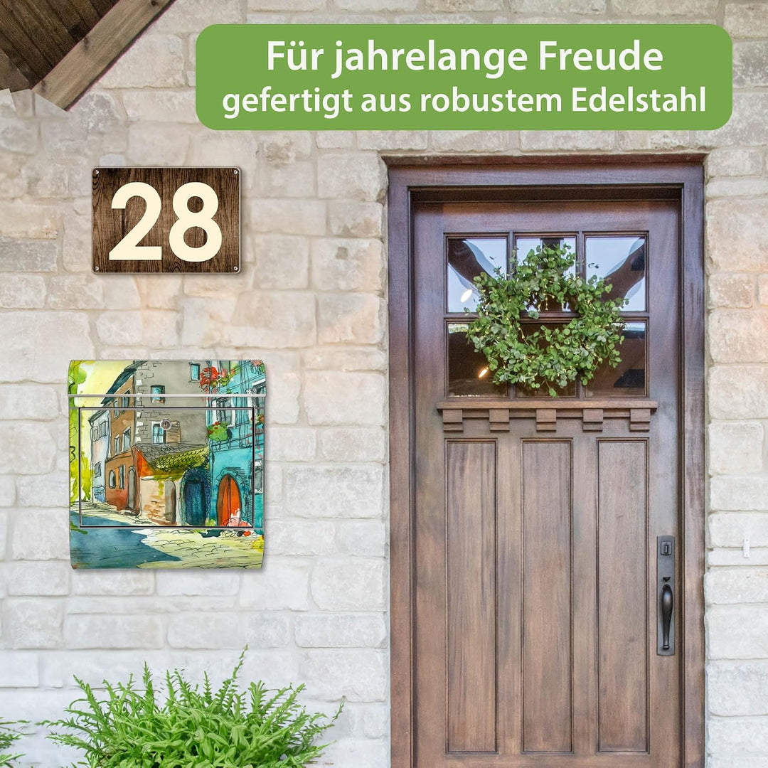 banjado® Briefkasten Edelstahl mit Motiv Historischer Stadtkern 38x43x12cm &amp; 2 Schlüssel - rostfreie