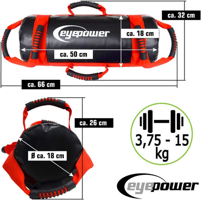 EYEPOWER 15kg Power Bag + 4 Kettlebell Gewichte - Befüllt mit Eisensand - Besser als Geräte: 6 Griff