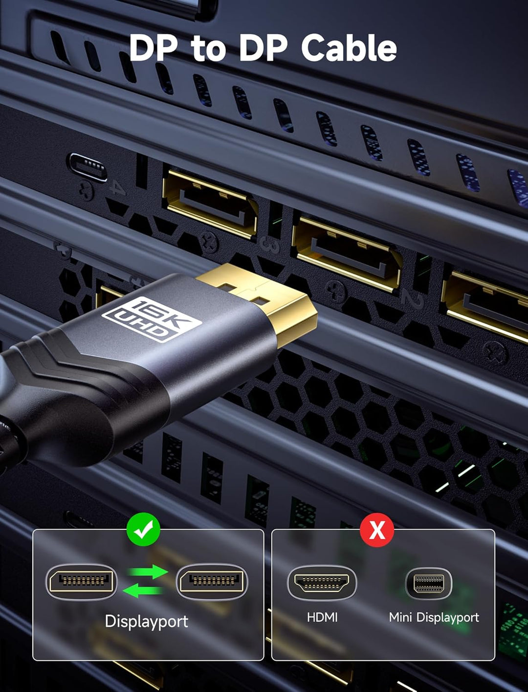 JSAUX Displayport Kabel 2.1 4m, Displayport Kabel 2.1/2.0 Unterstützung 16K@60Hz, 8K@120Hz, 4K@240Hz