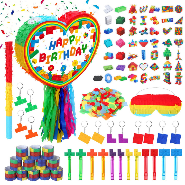 Pinata Geburtstag Happy Birthday Baustein Pinjatta mit Augenbinde und Stock zum Aufhängen Befüllen F