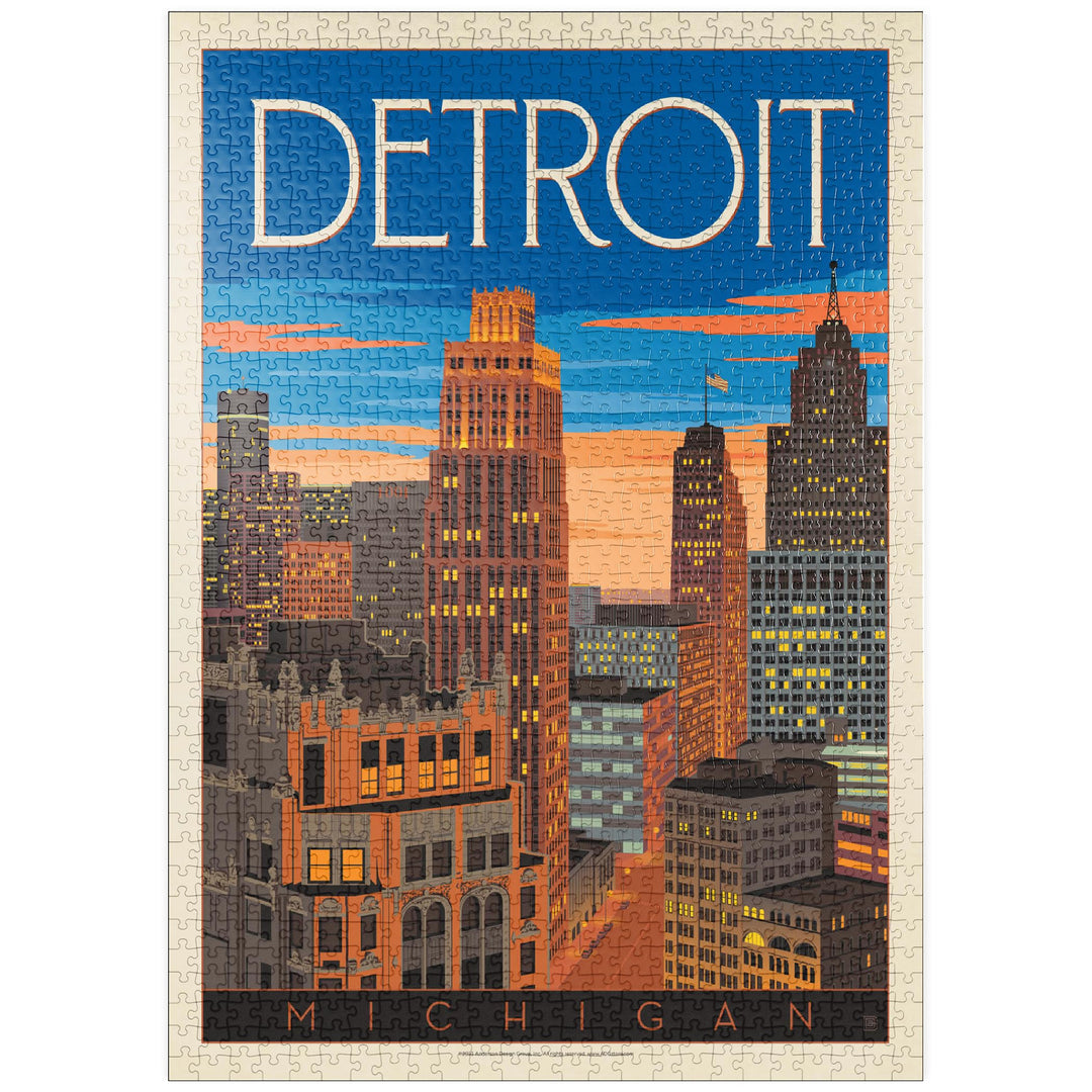 Detroit, MI: Skyline, Vintage Poster - Premium 1000 Teile Puzzle - MyPuzzle Sonderkollektion von And