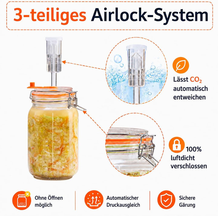 Fermentierglas 1,5 L – Quadratisches Glas-Fermentierset mit Gewicht für Sauerkraut, Hot Sauce, Met,