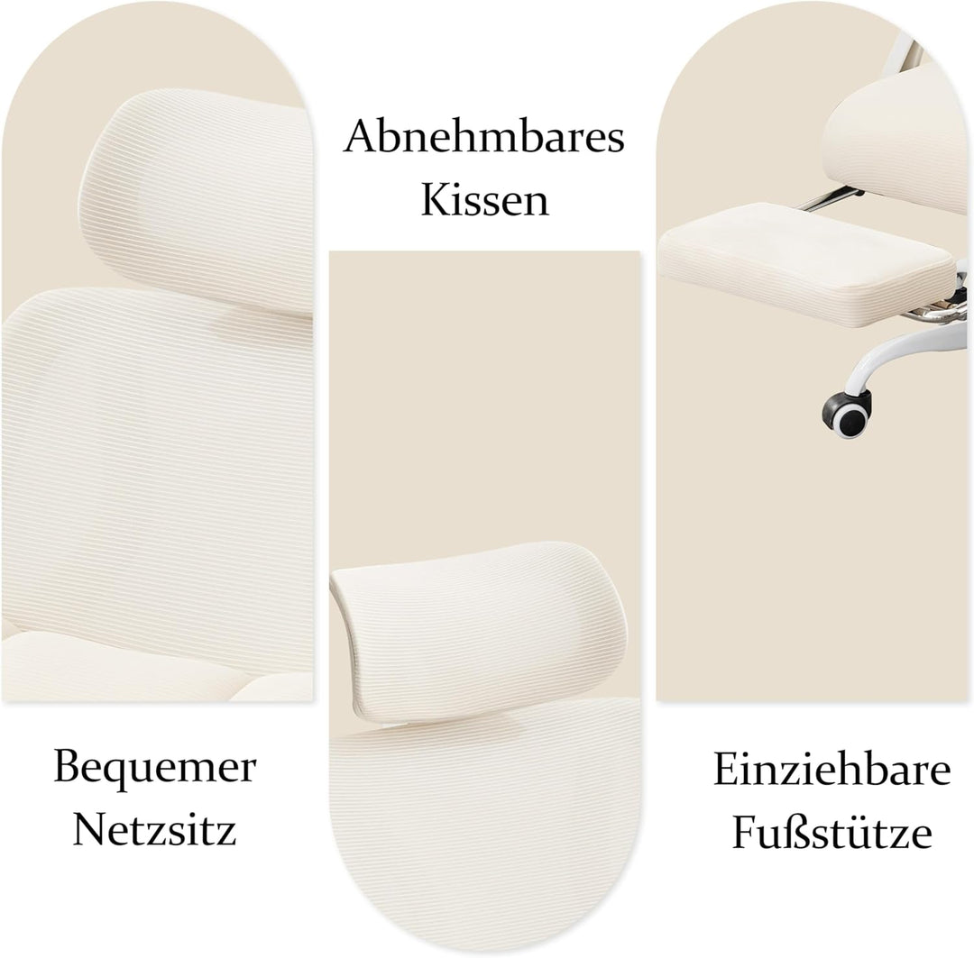 UEV Bürostuhl Ergonomisch mit Fussstütze, Homeoffice Stuhl, beige | Drehstuhl,Schreibtischstuhl,neig