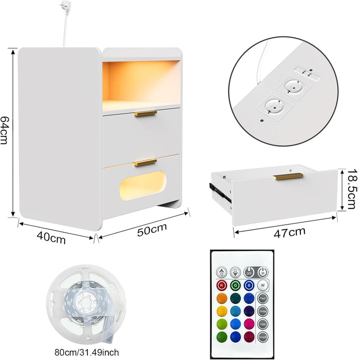 Led Nachttisch 2er Set mit Ladestation, Nachtschrank mit USB-Anschlüssen, Weiss Nachttische Einstell