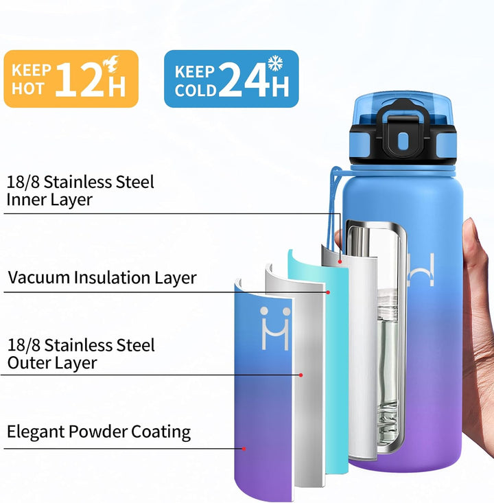 Thermosflasche Edelstahl 750ml, Trinkflasche Sport mit Strohhalm, Isolierflasche Doppelwandig, BPA-F