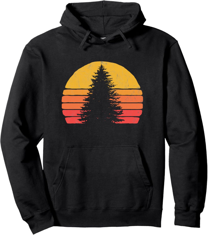 Retro Sun Minimalist Pine Tree Design - Graphic 80's Pullover Hoodie